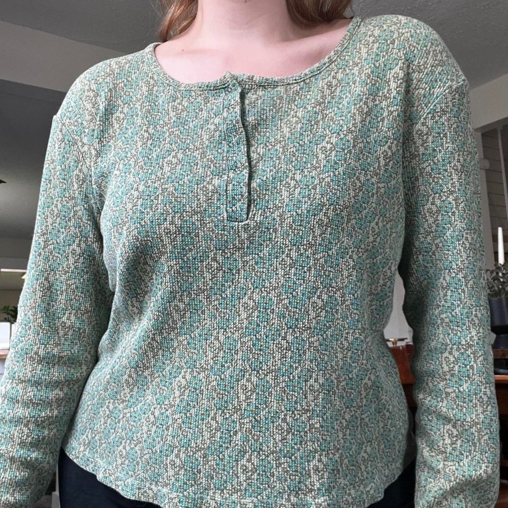 St. Johns Bay Green/Blue Floral Waffle Knit Long Sleeve Shirt